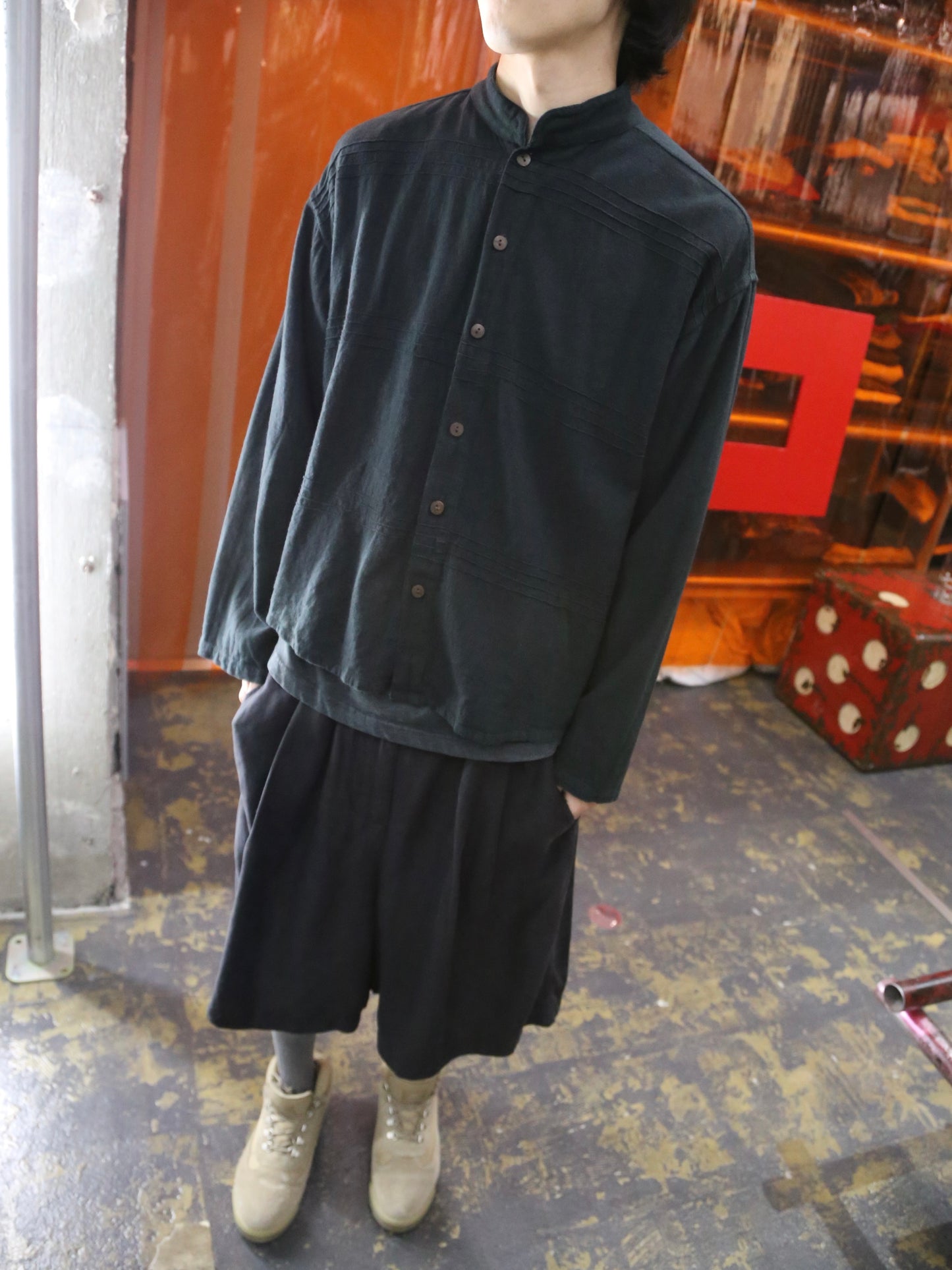 STAND COLLAR L/S COTTON SHIRT